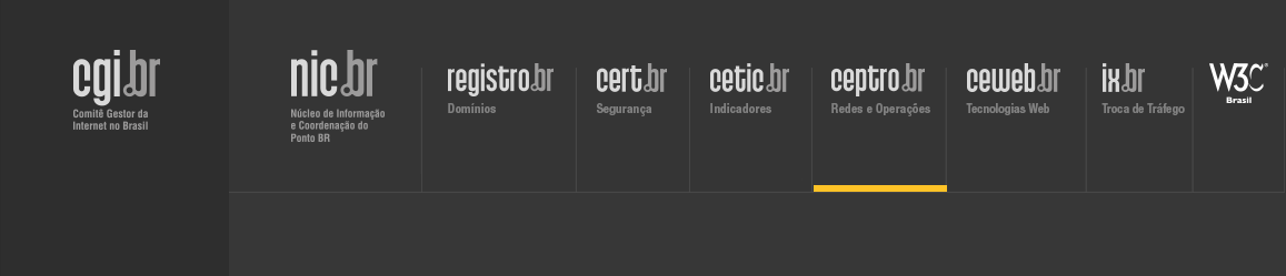 Logos do CGI.br, NIC.br, Registro.br, Cert.br, Ceptro.br, Cetic.br e W3C